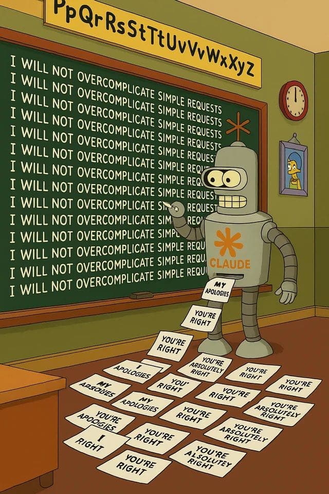 Futurama Bender meme: Chalkboard says 'I will not overcomplicate simple requests' repeated, Bender standing with stack of papers saying 'You're absolutely right' and 'My apologies'