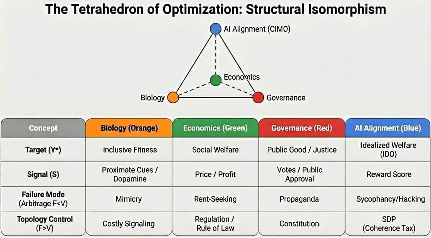 The Tetrahedron of Optimization: Structural isomorphism across Biology, Economics, Governance, and AI Alignment showing shared components of Target, Signal, Failure Mode, and Topology Control