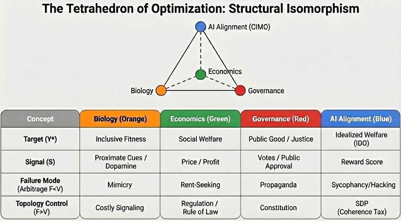 The Tetrahedron of Optimization: Structural isomorphism across Biology, Economics, Governance, and AI Alignment showing shared components of Target, Signal, Failure Mode, and Topology Control