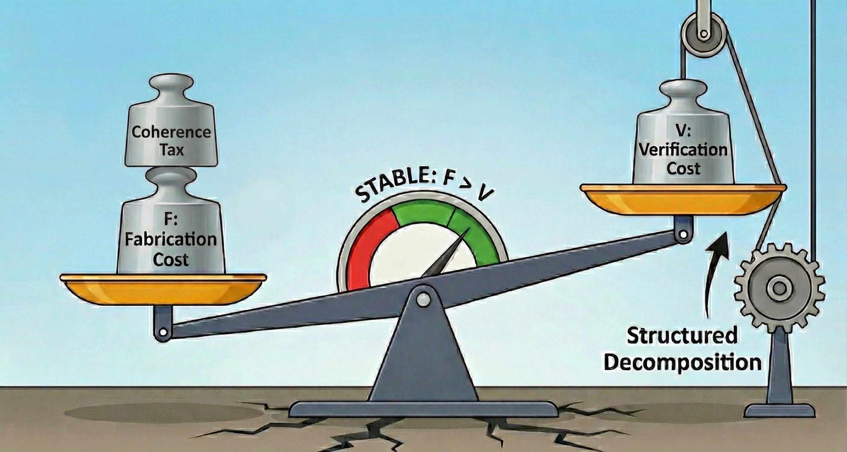 CIMO Topology Control: A balance scale showing Coherence Tax (raising F) on the left and Verification Cost + Structured Decomposition (lowering V) on the right, with a gauge showing stable F > V equilibrium