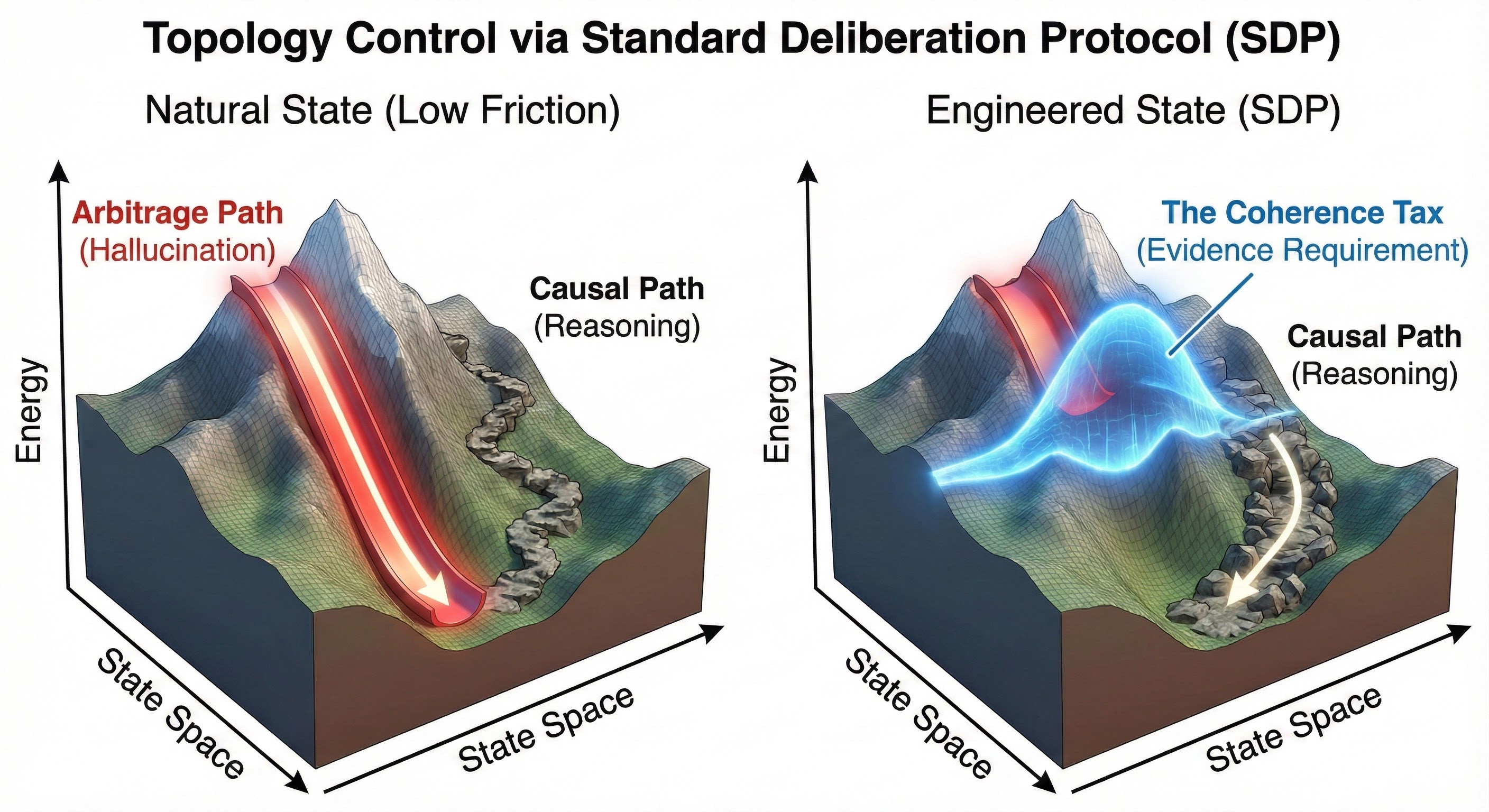 Calibration Control via Standard Deliberation Protocol showing energy landscape before and after SDP